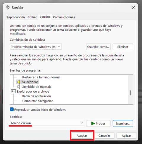 habilitar el sonido del ratón en windows 