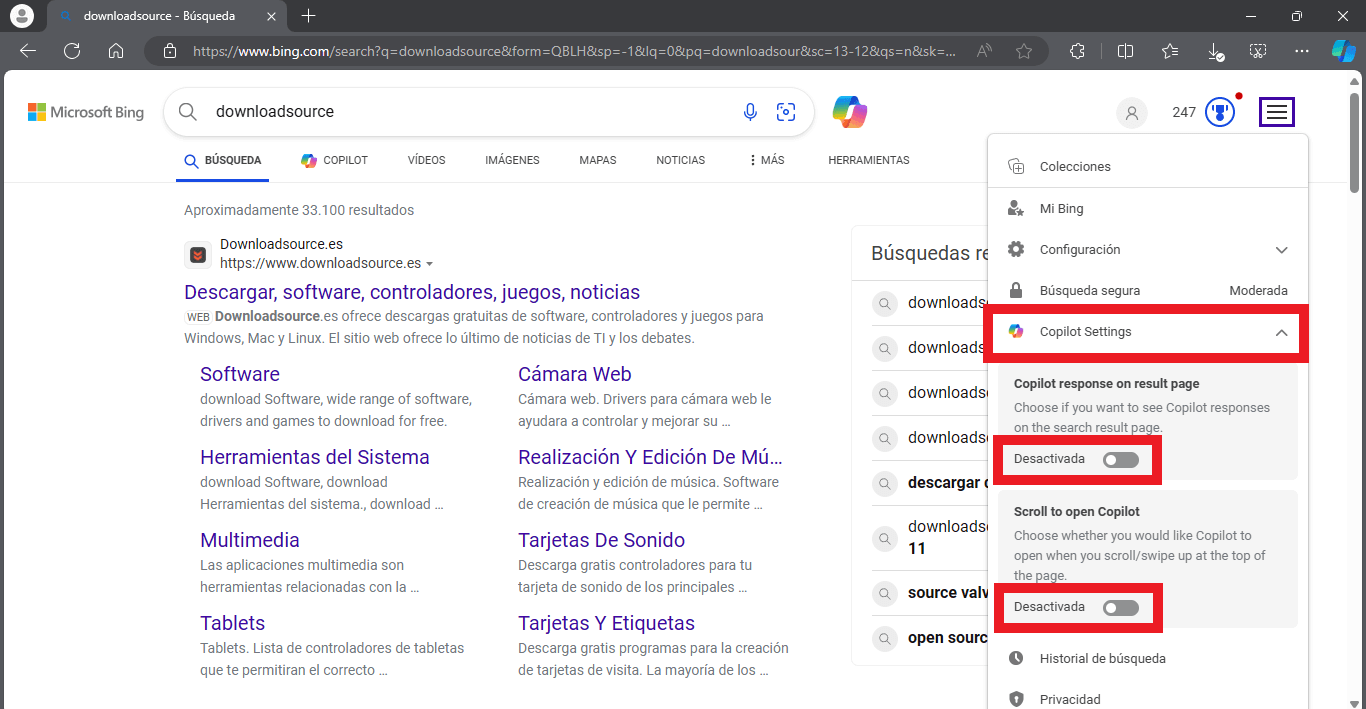 Windows 11 permite desactivar sugerencias de copilot en bing