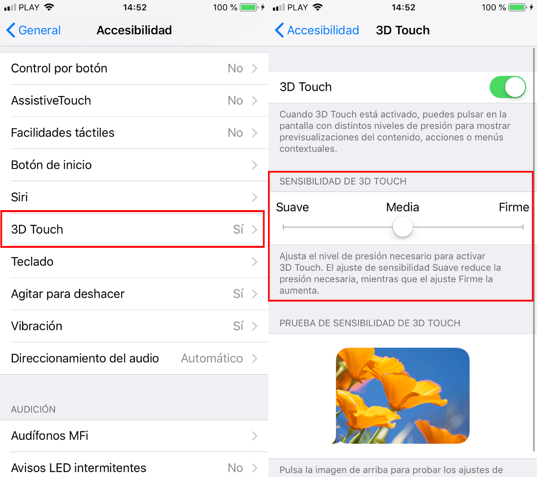 modificar la sensibilidad de 3D Touch en iPhone o iPad con iOS