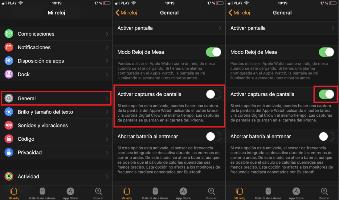 activar las capturas de pantalla en apple watch