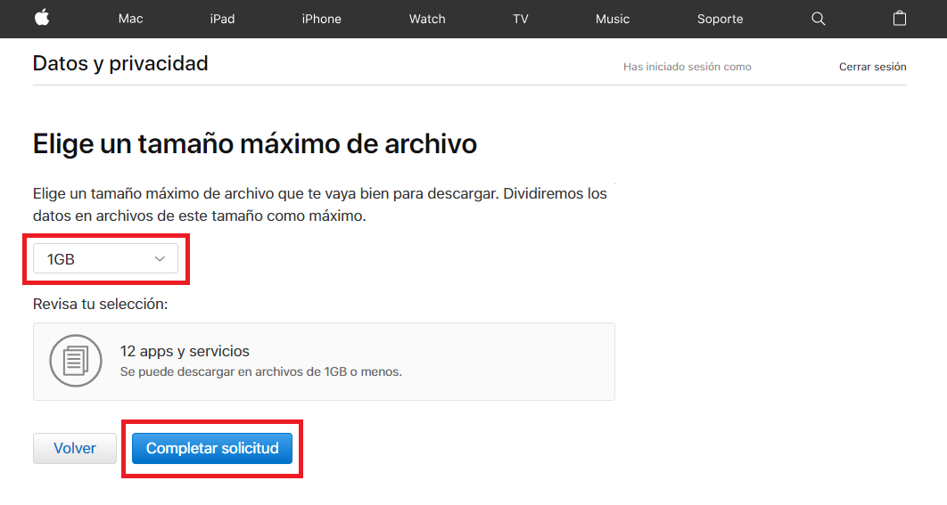 ver y descargar la información que Apple recopila sobre tus acciones