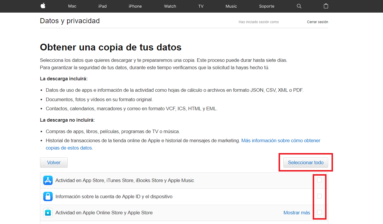 Como descargar los datos de tu iD de Apple