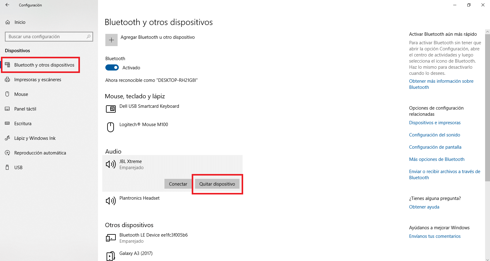 borrar un conexión bluetooth antigua en Windows 10