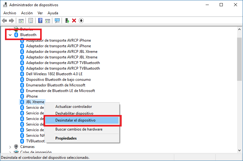 No puedo eliminar una conexión Bluetooth en windows 10
