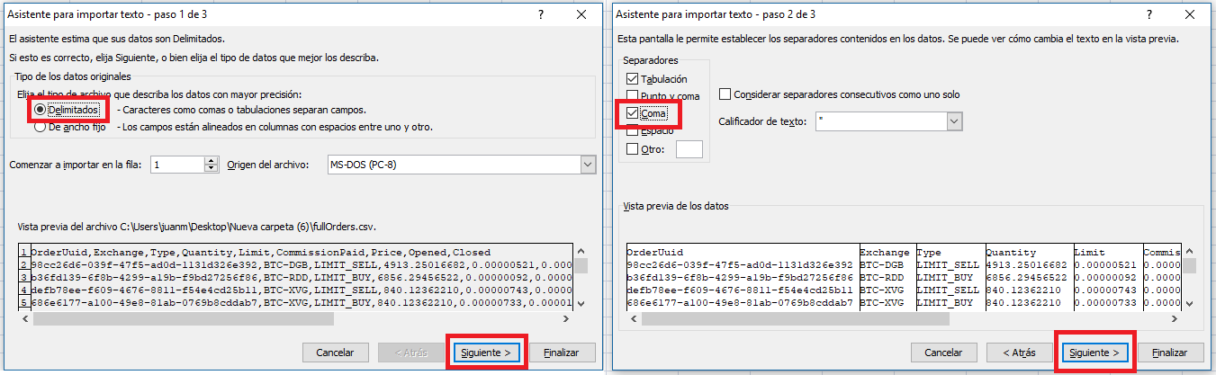 La hoja de calculo de Excel muestra todos los datos juntos