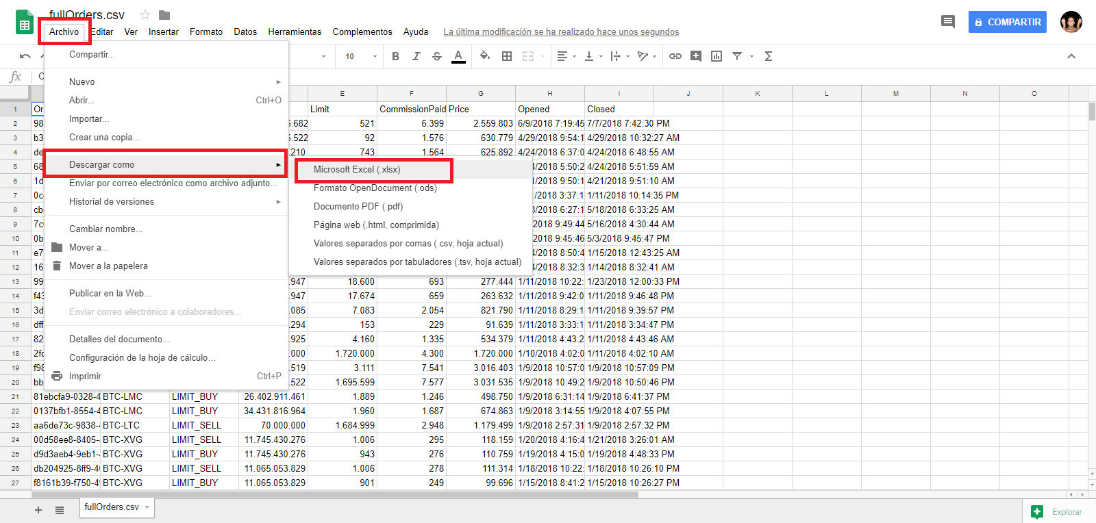 hoja de calculo de Excel muestra el contenido de los archivos csb en columnas y celdas