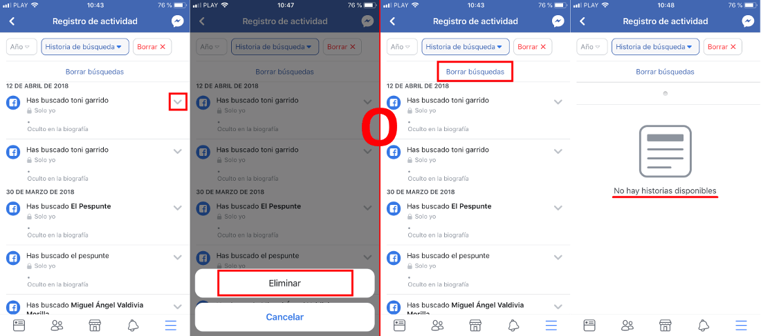 como eliminar por completo el historial de busquedas de Facebook