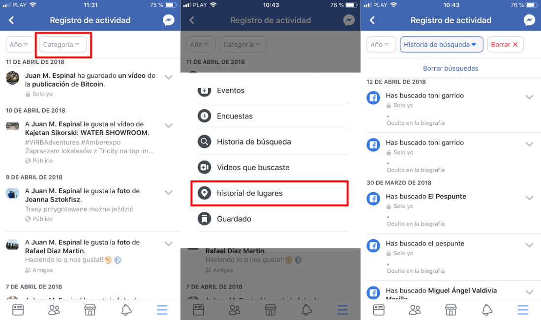 como borrar el historial de busqueda de Facebook