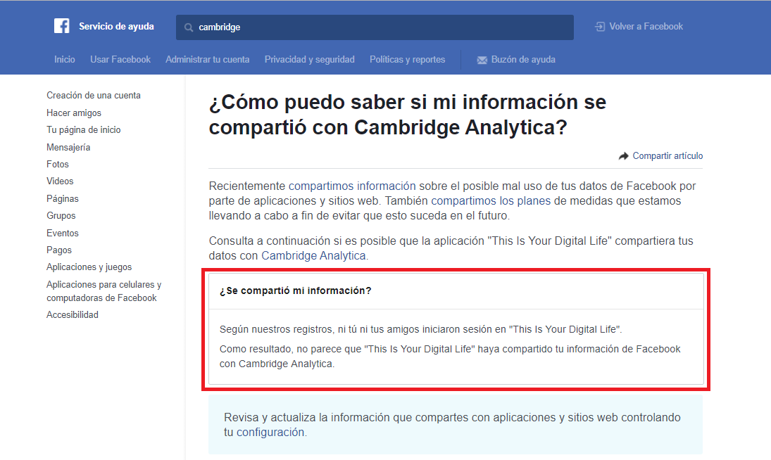 comprobar si mis datos de Facebook han sido filtrados por Cambridge Analytica 