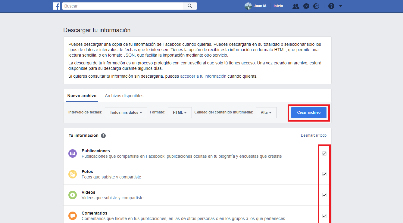 descargar todos los datos de Facebook de tu perfil a tu ordenador