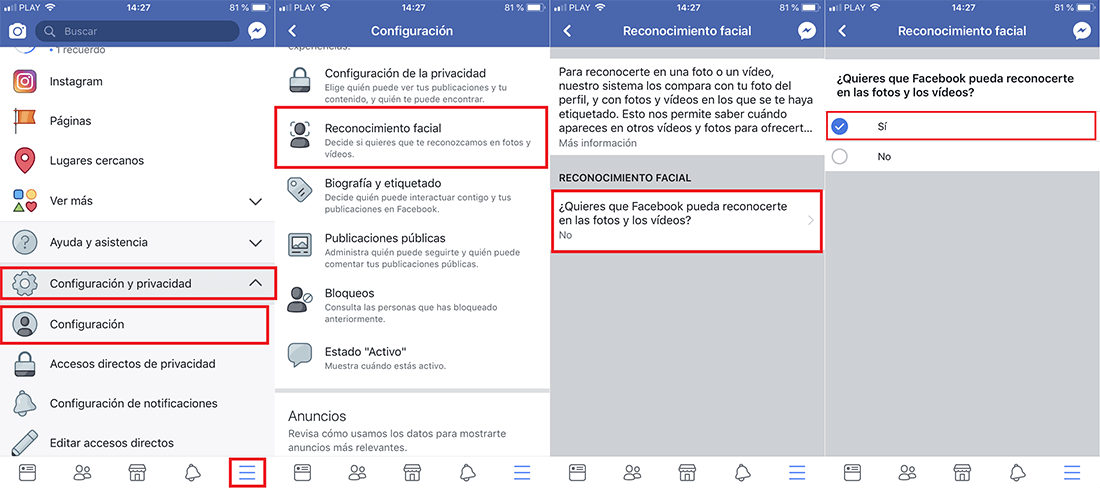 como habilitar o deshabilitar el reconocimiento facial de facebook desde tu movil