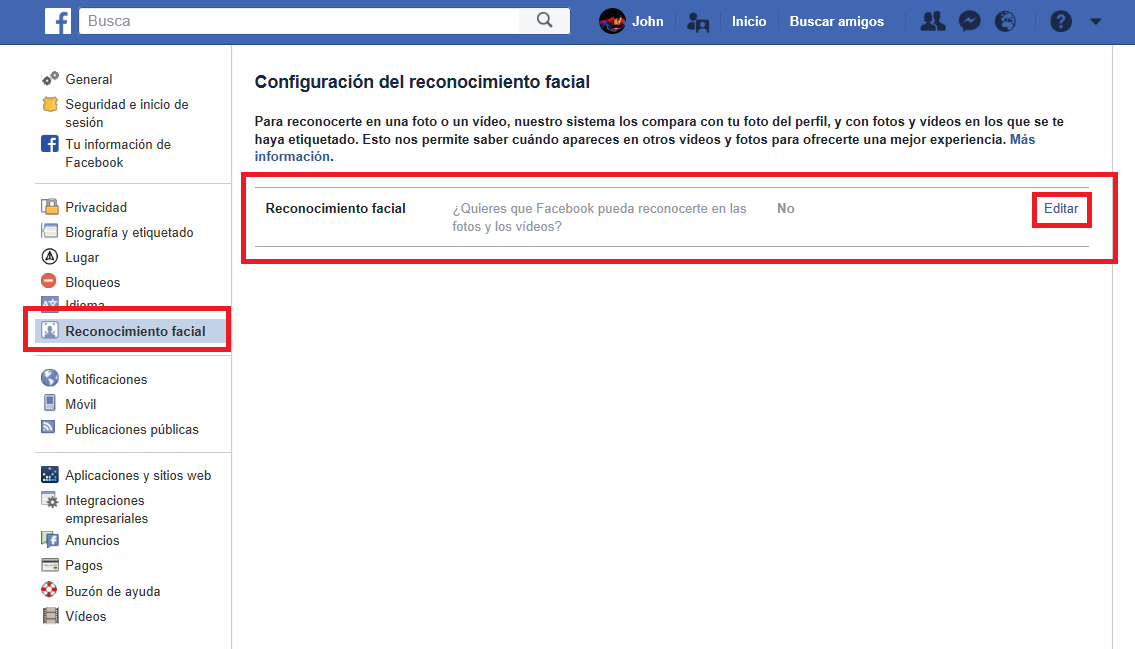 como habilitar el reconocimiento facial de facebook