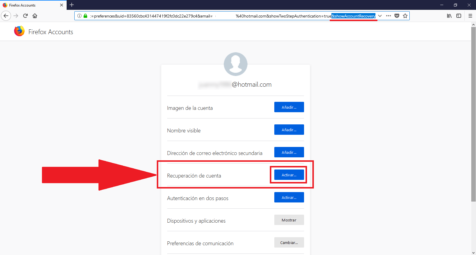 Recuperacion de tu cuenta de Firefox