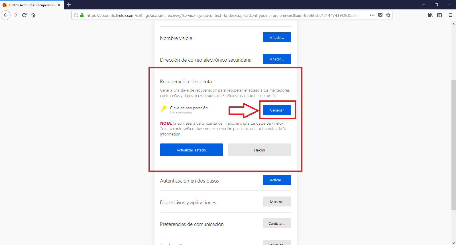 codigo de recuperación de Firefox