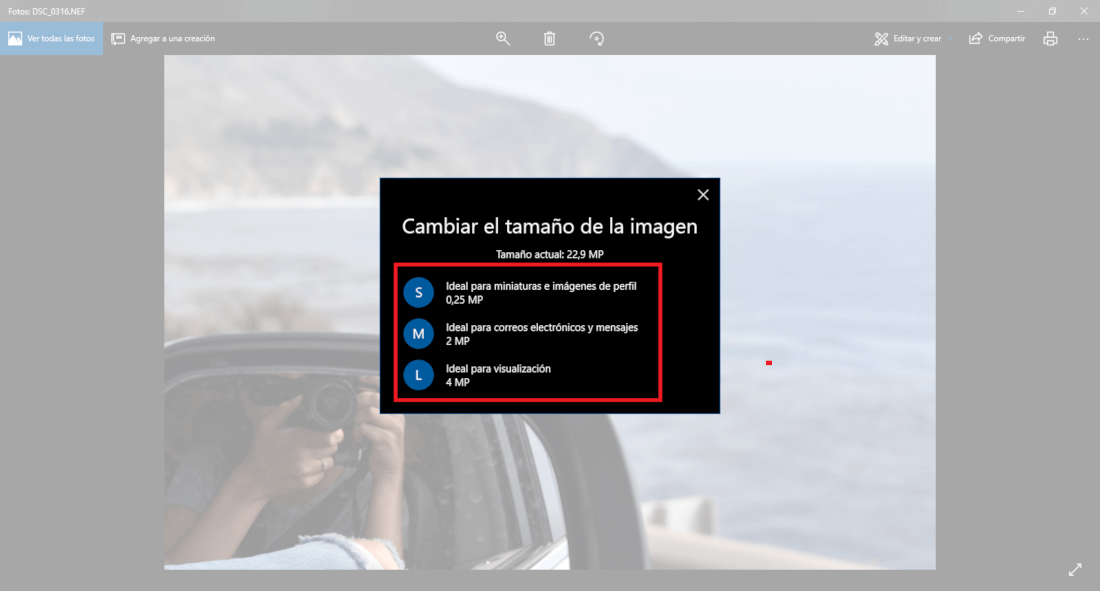 como cambiar el tamaño de tus fotografias con la app Fotos de Windows 10