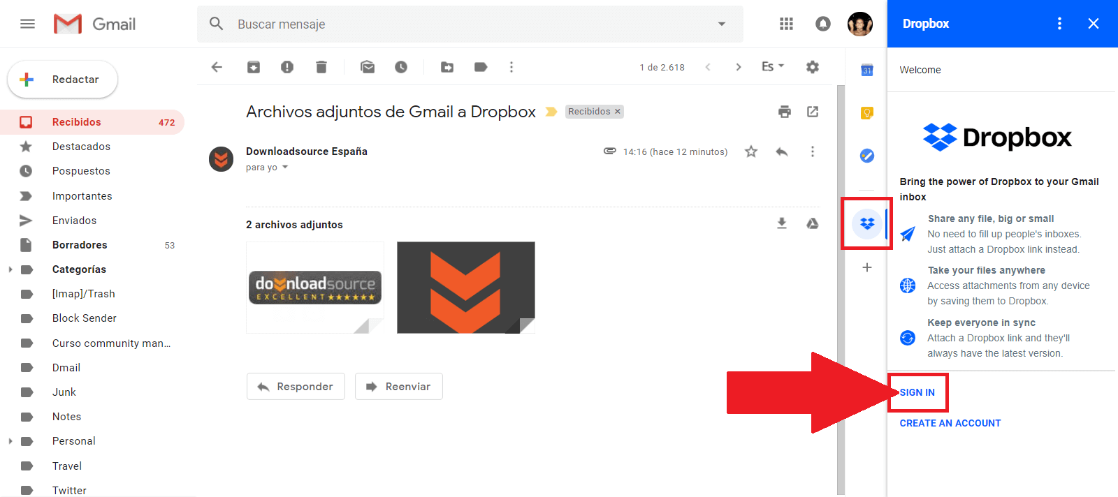 dropbox permite guardar los archivos adjuntos de gmail
