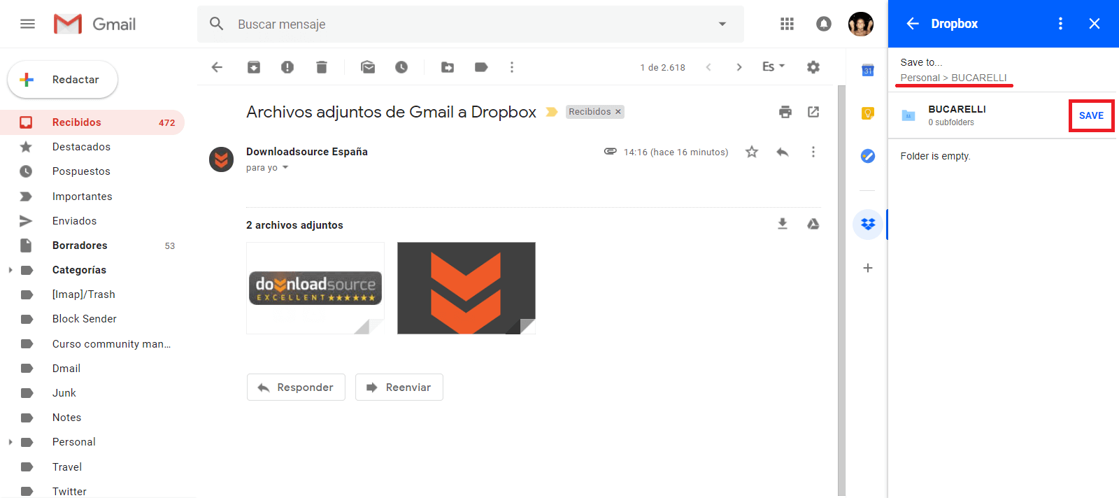 guardar los archivos de gmail en dropbox