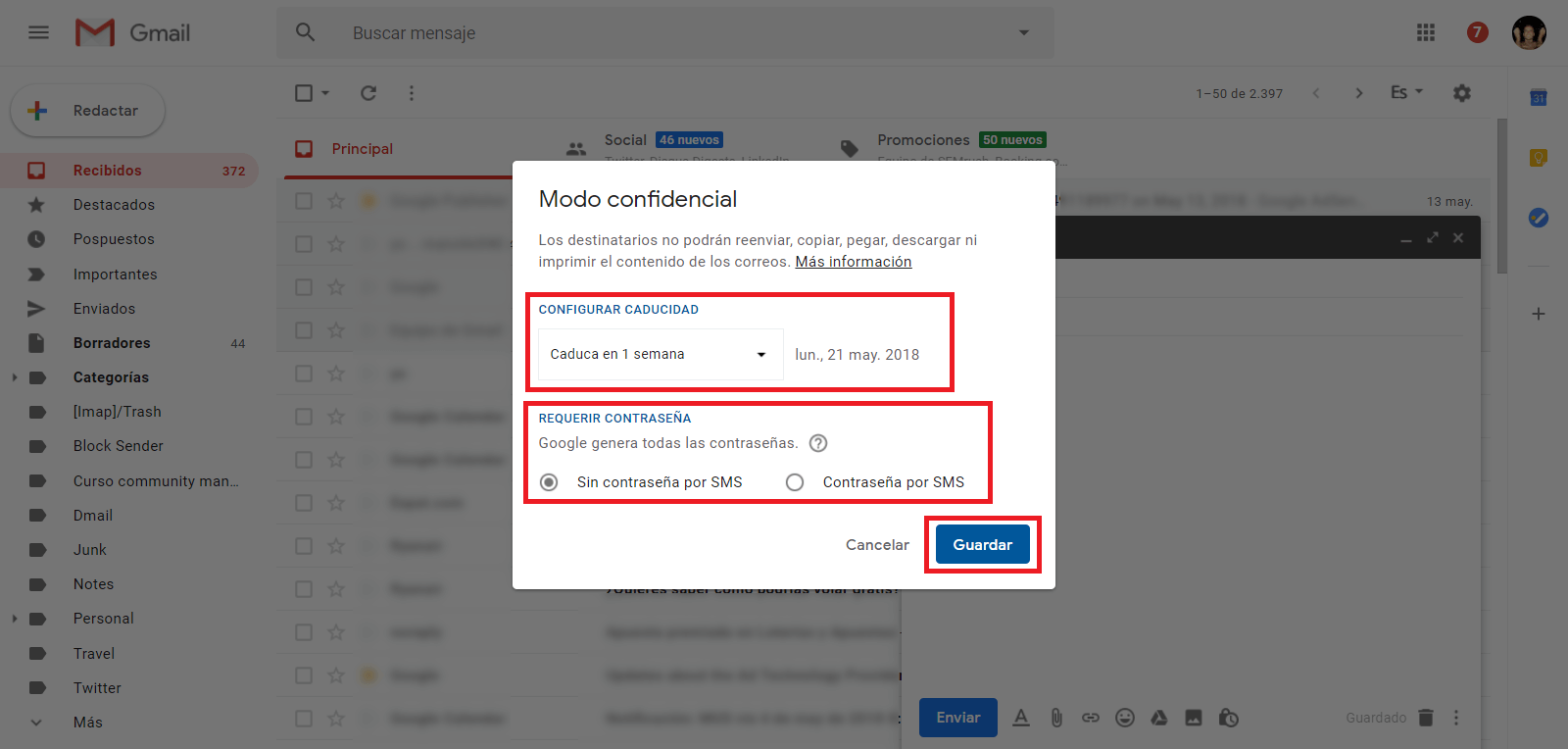 Gmail permite enviar correos electrónicos confidenciales y protegidos con contraseña