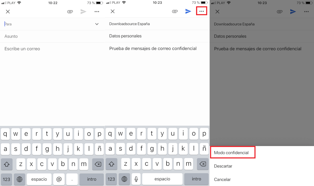 como enviar correos electrónicos confidencial desde la app Gmail