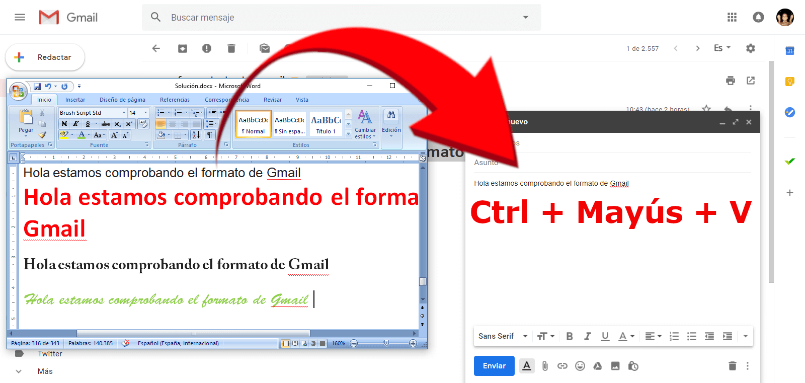 texto con el mismo formato dentro de los mensajes de Gmail que quieras enviar