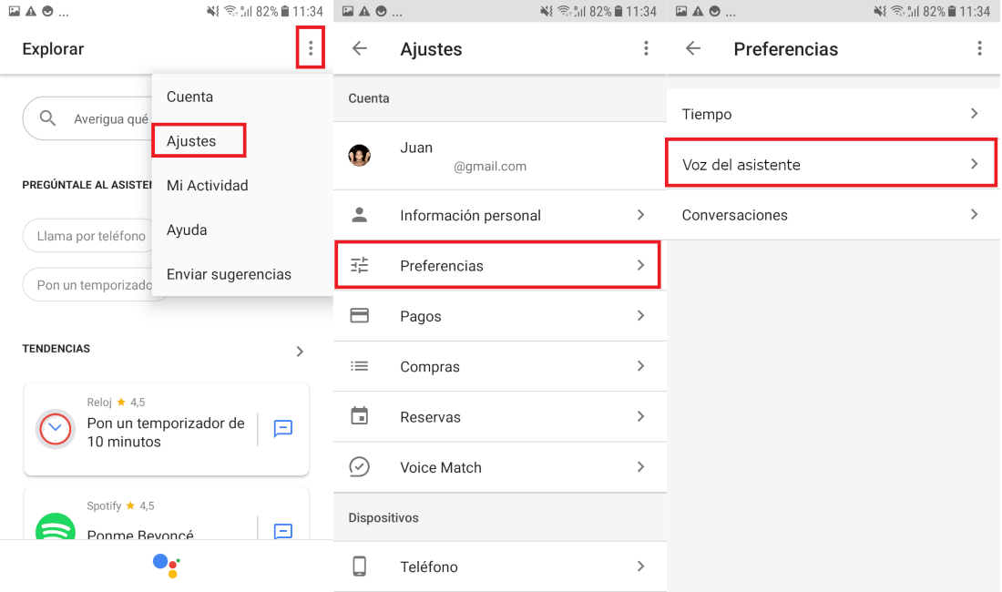 asistente de google cambiar la voz desde Android
