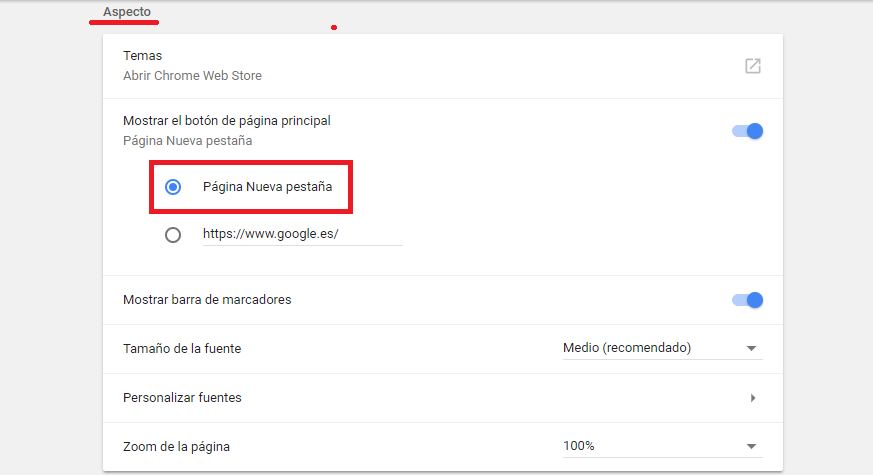 Activar botón pagina de incio en googe chrome