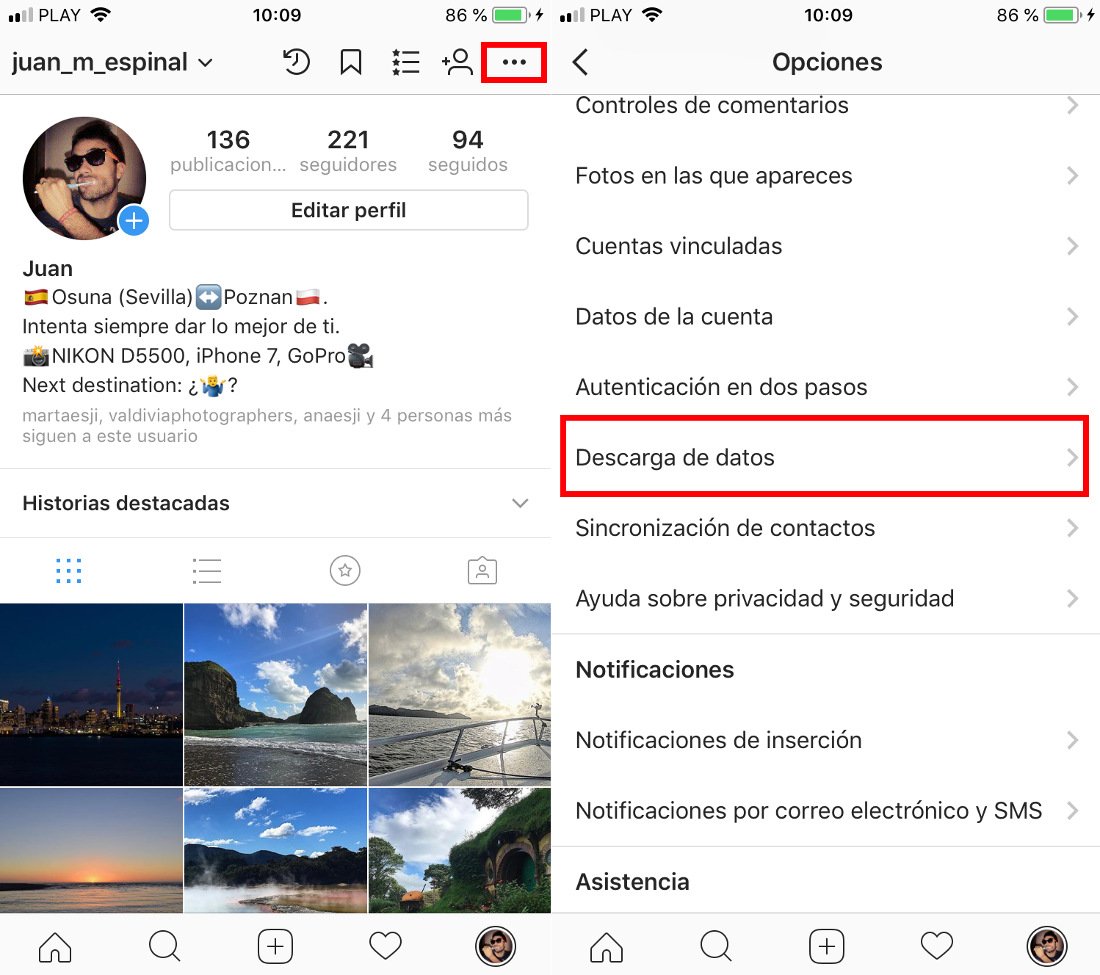 descargar datos de instagram