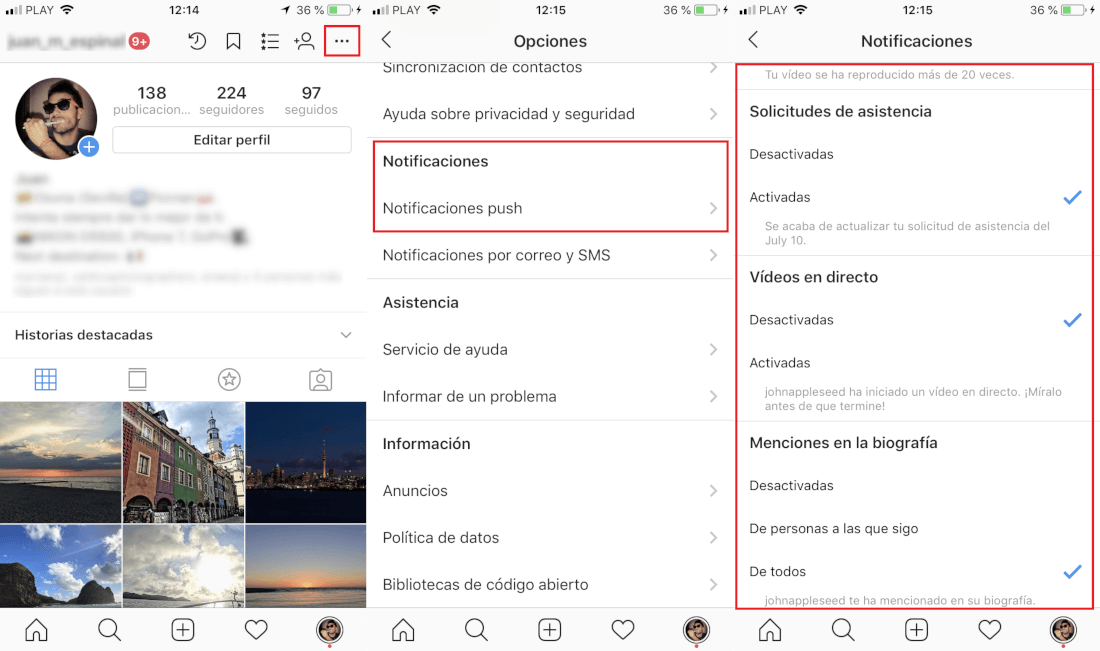 activar o desactivar ciertas notificaciones en Instagram en iPhone o iPad