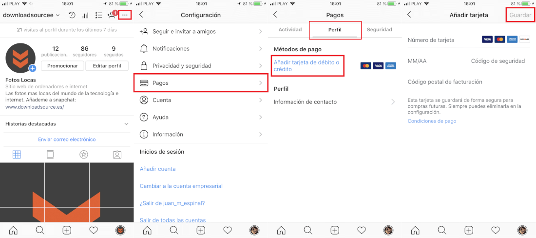 como añadir una tarjeta de credito a Instagram