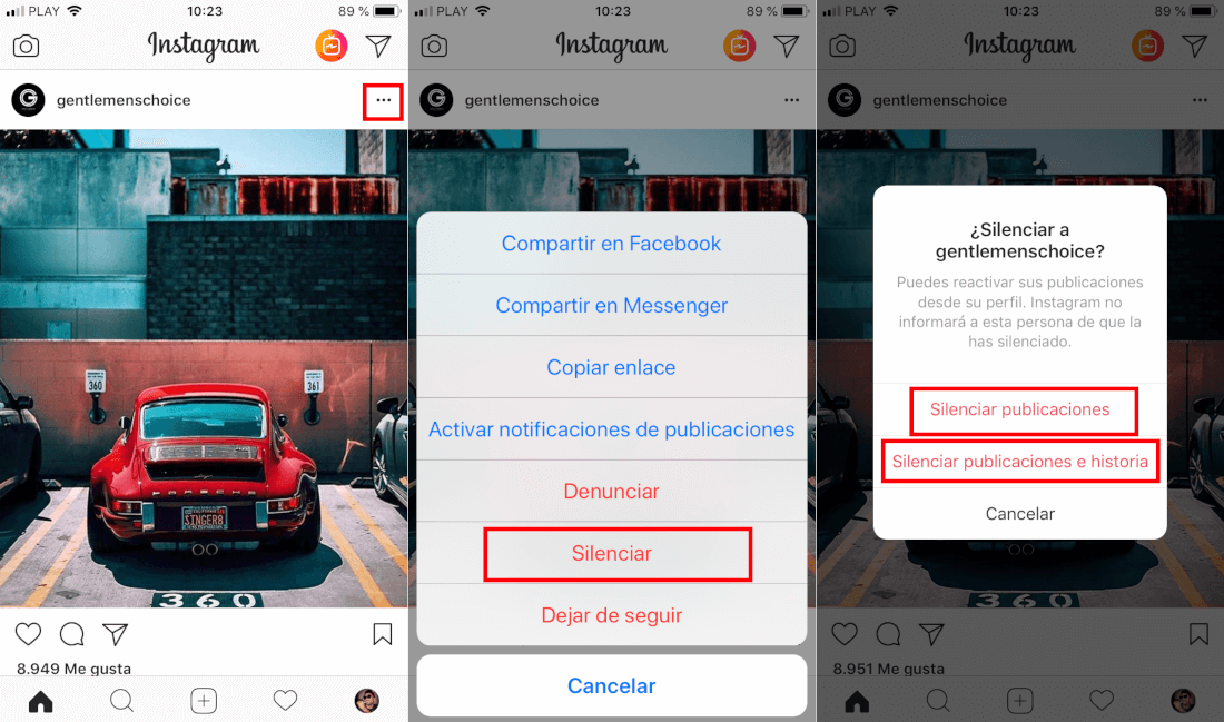 silenciar publicaciones de Instagram de un usuario