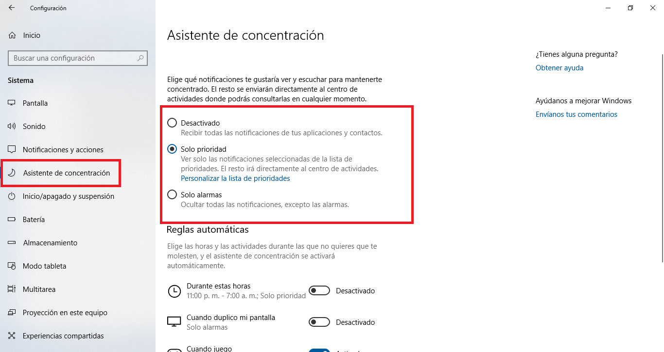 Nuevo asistente de concentración de Windows 10