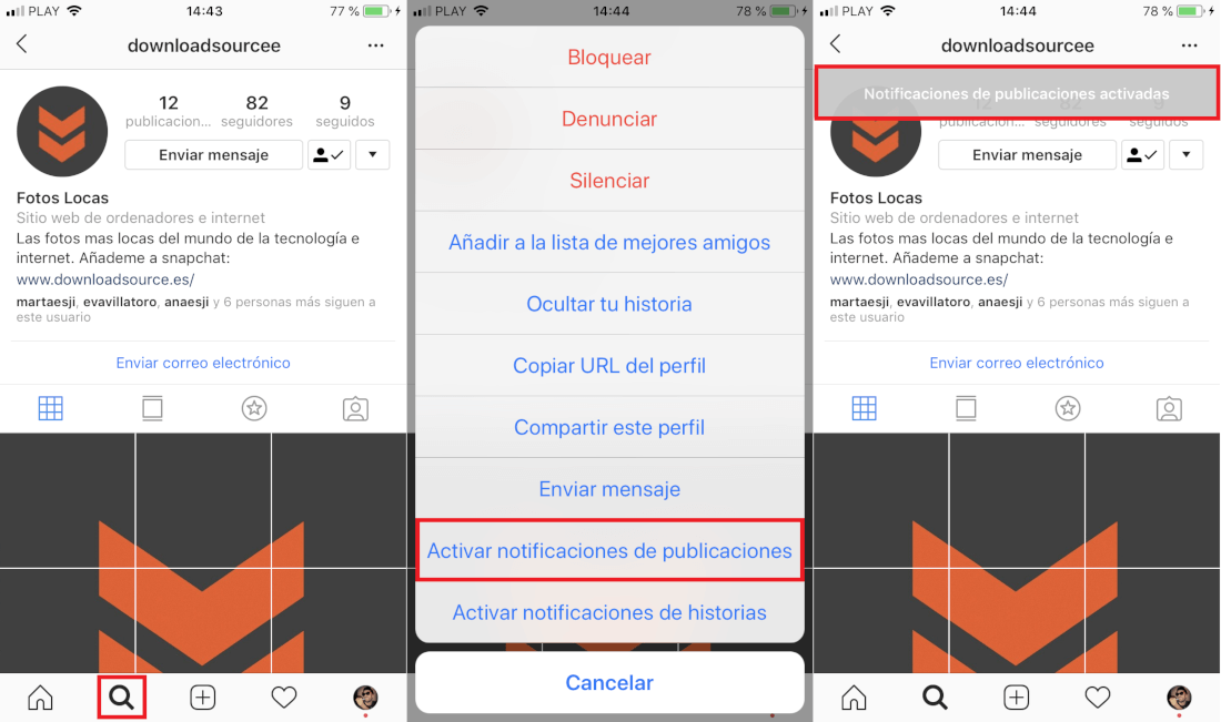 Instagram notificacines perfiles activadas