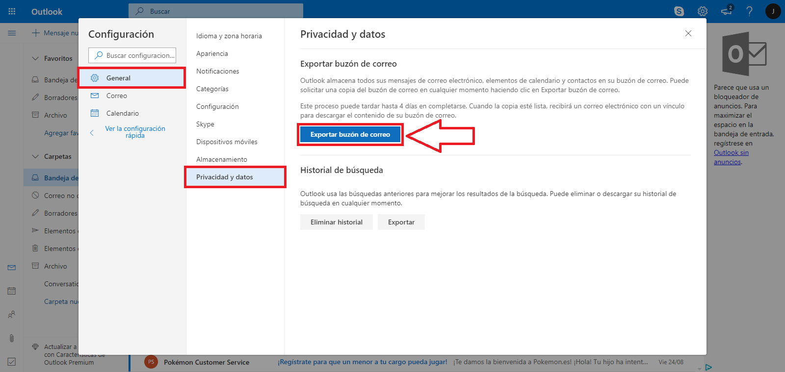 Outlook te permite descargar todos tus datos, contactos, calendarios y mail