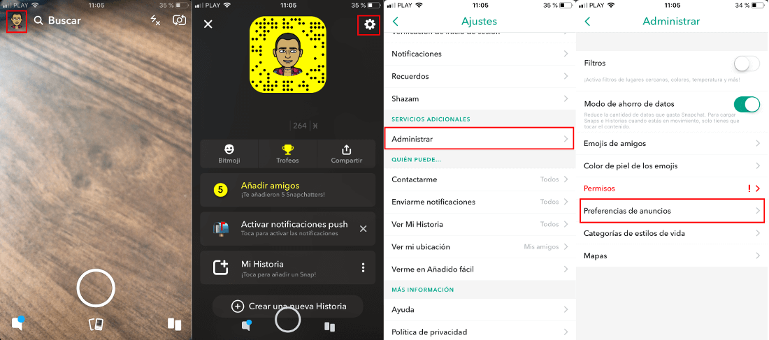 como limitar que snapchat te muestre anuncios en la app basados en tu información personal