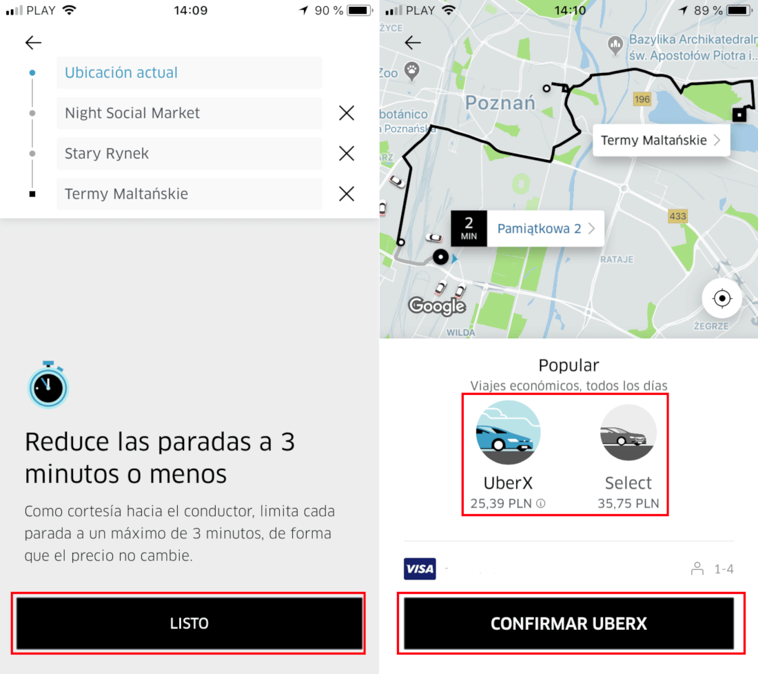 crear un trayectos con varios destinos en Uber