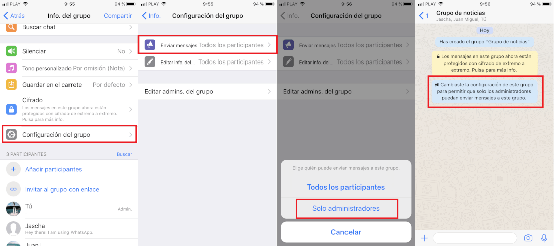 como impedir que los participantes de un grupo de Whatsapp pueda enviar mensajes