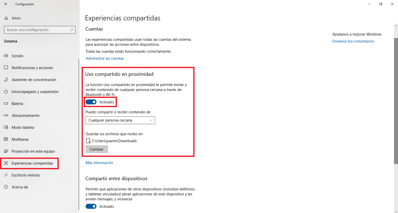 Uso Compartido en Proximidad de windows 10