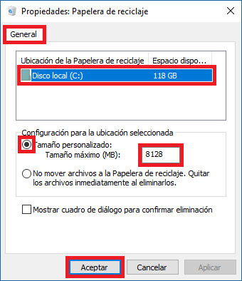 configurar el tamaño maximo de la papelera de reciclaje