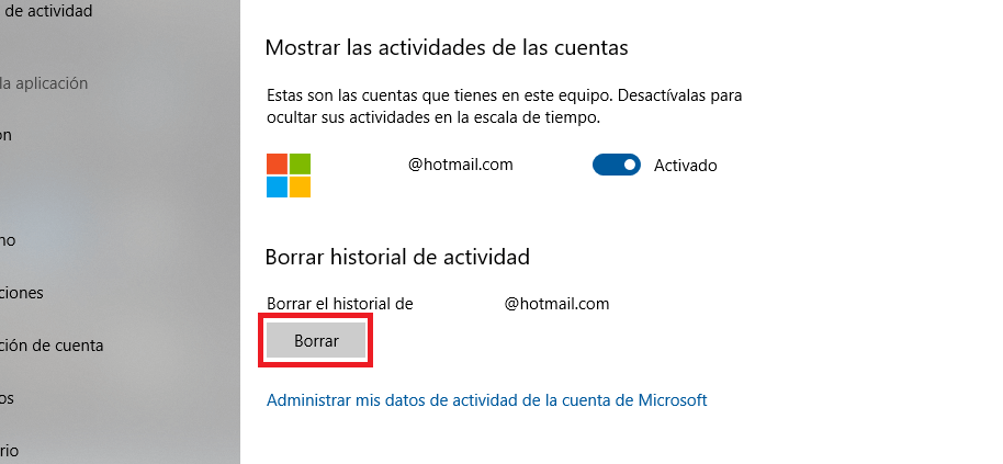 desactivar la linea del Tiempo en Windows 10