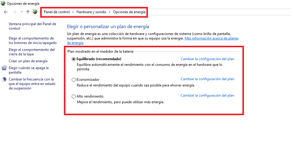 activar el plan de energia Maximo rendimiento