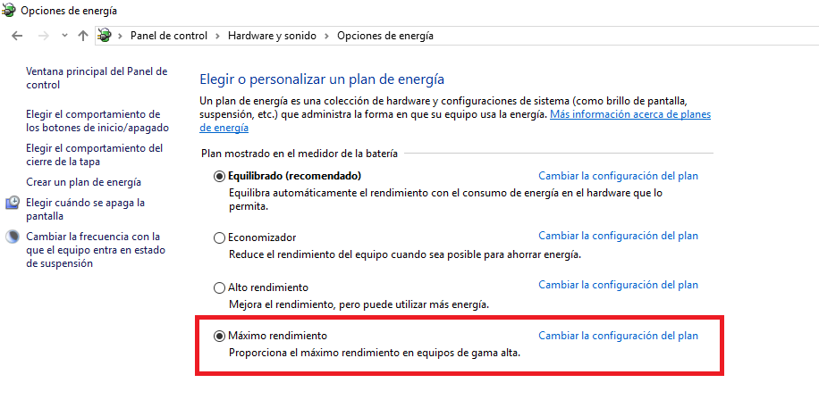 plan Máximo rendimiento en windows 10 para usar el 100% de tu ordenador