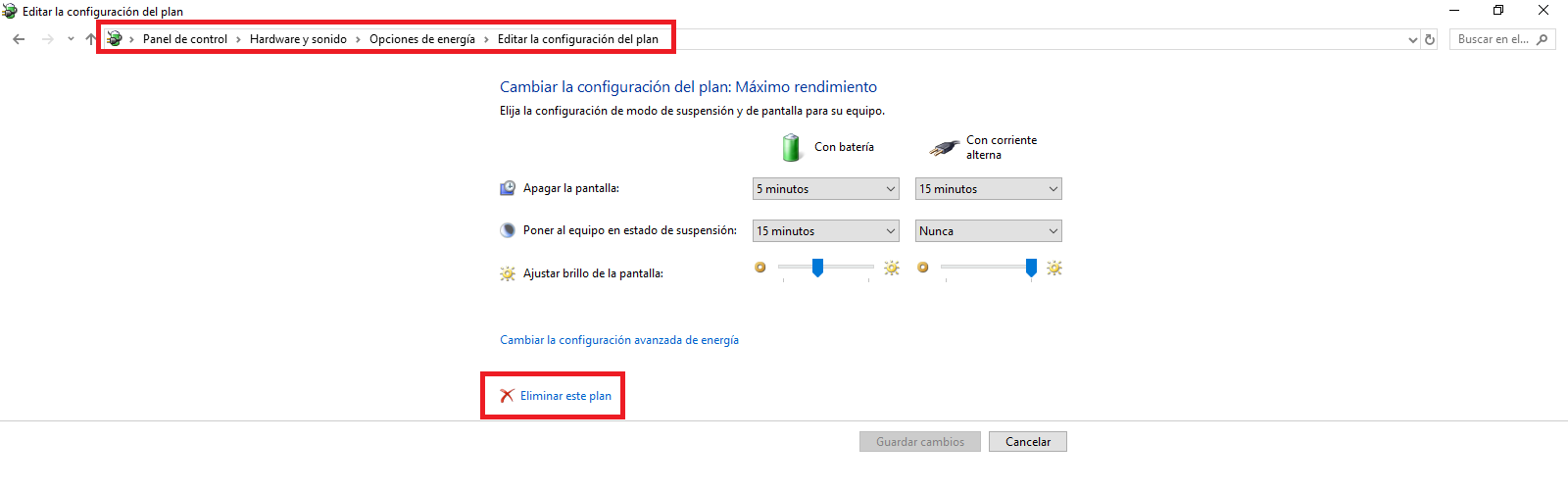 desactivar el plan de Maximo rendimiento de windows 10