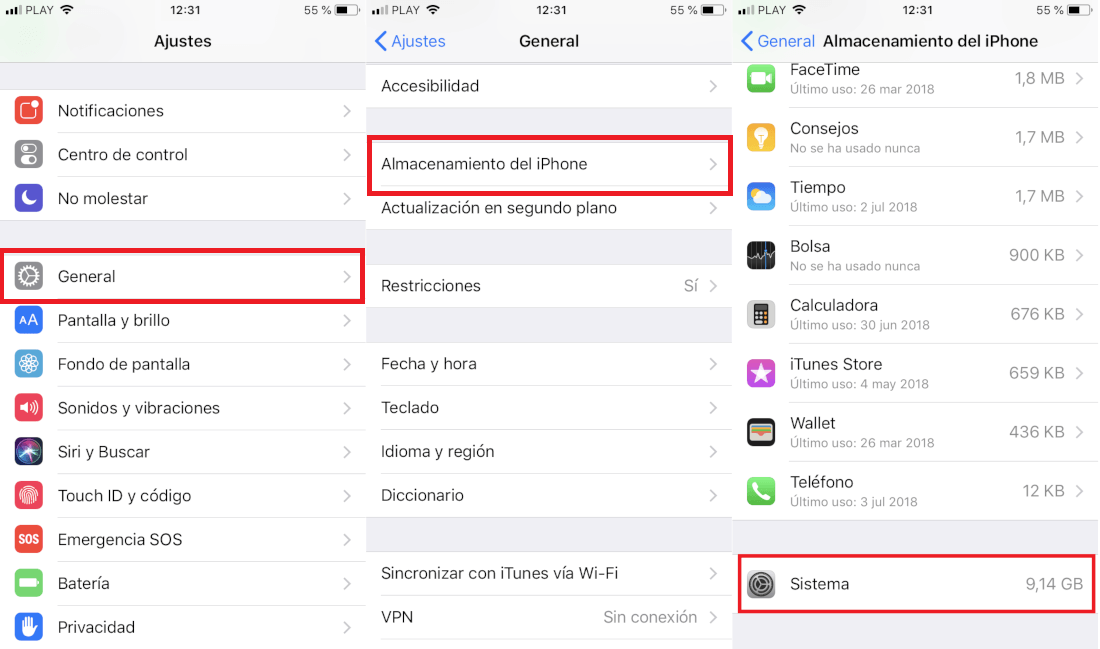 como reducir el tamaño del sistema en el almacenamiento de iPhone o iPad