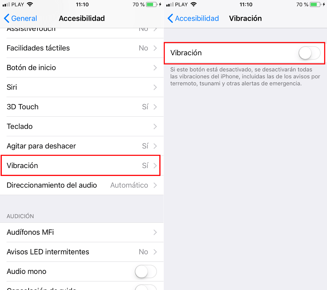 como deshabilitar todas la vibraciones de tu iPhone con iOS