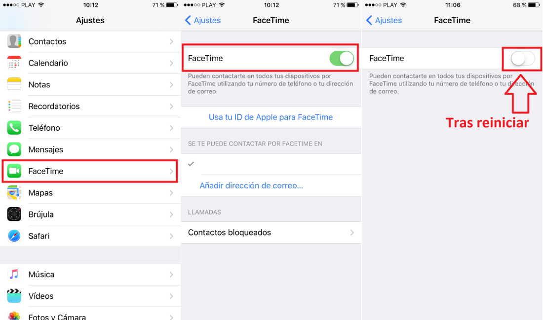 FaceTime y iMessage Activado en iOS