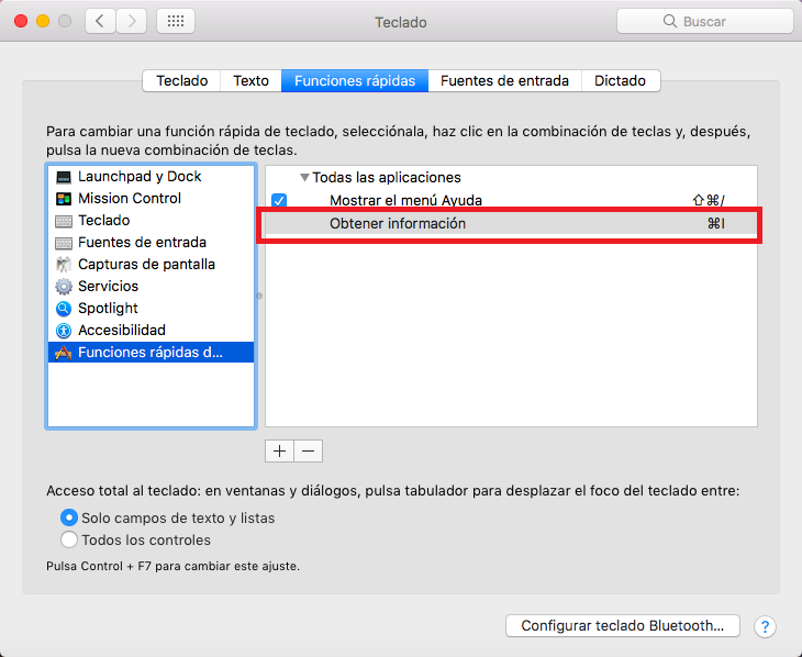 atajos de teclado en Mac OS X personalizados en Yosemite, Sierra y Capitan