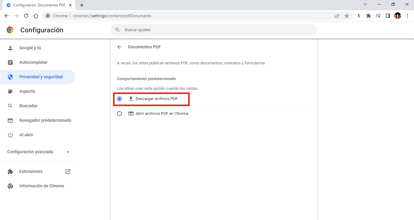 Desactivar la visualización de archivos PDF en el navegador Google Chrome 