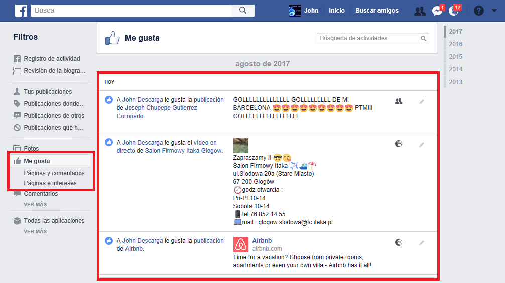 buscar las publicaciones comentadas o Me gusta en Facebook