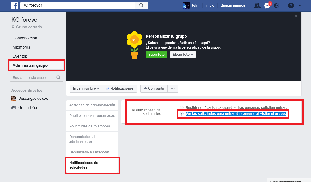 dejar de recibir notificaciones de union al grupo en tu perfil personal de FAcebook