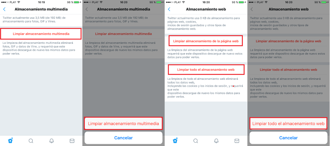 borrar la cache de la app Twitter para iPhone y iPad